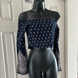 Nordstrom Band of Gypsies Navy Pattern Blue Off Shoulder Women Long Sleeve Top S